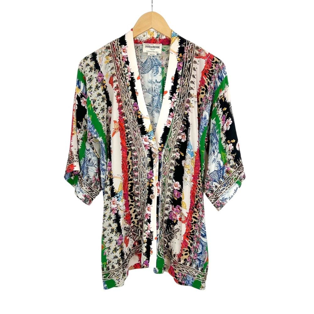 Zadig & Voltaire Jacket Women's XS Kimono Tong Silk Beaded Anniversary Mix Print